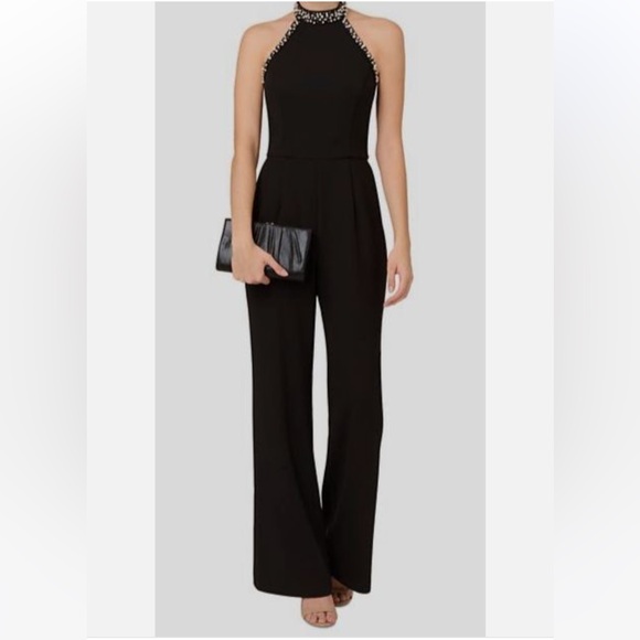 Papell Studio Black Knit Pearls & Beads Embellished Crepe Jumpsuit - Reemoly